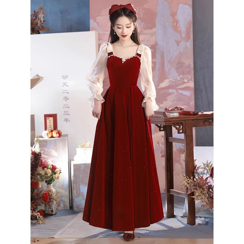 Toast Dress for Bride 2025 New Evening Dress Wedding Thank You Party High-End Wine Red Long-Sleeved Engagement Dress for Women
