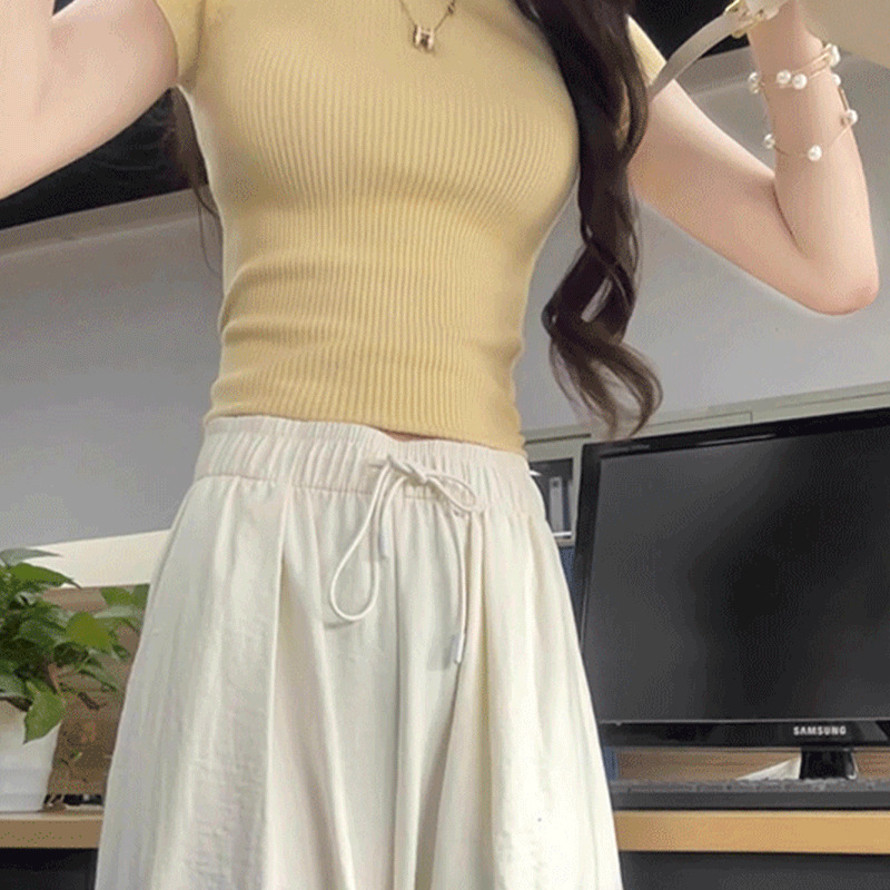 Dopamine Yellow Knitted Ice Silk Short-Sleeve T-Shirt for Women, New French Style, Beautiful Waist-Cinching Top, Summer