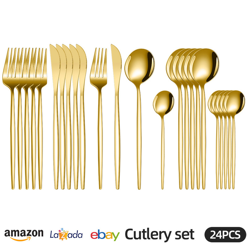 26-Year New Model Cross-Border Stainless Steel Cutlery Set, Western Restaurant Glossy Portuguese Steak Knife, Fork, and Spoon 24-Piece Set