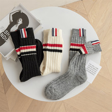 冬天加厚袜子TB三杠条纹羊毛袜ins韩国网红保暖堆堆袜子女中筒袜