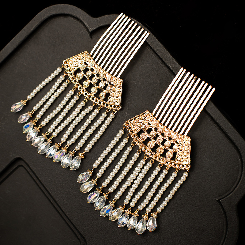 Ancient-style decorative hair comb with hollow design, Tang-style pearl tassels, hairpin to cover the ears, vintage hair comb, new hair accessory for Hanfu hairpin