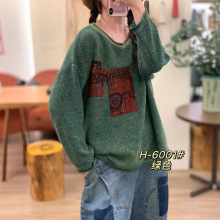 炒色复古做旧贴布棉线毛衣秋冬新品圆领宽松休闲长袖套头毛衣批发