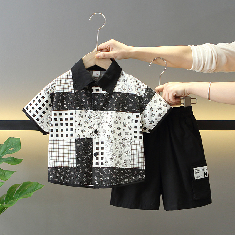 7866 traje de verano para niños 2025 nuevo estilo para niños camisa de moda estilo occidental pantalones cortos ropa de verano de dos piezas de moda