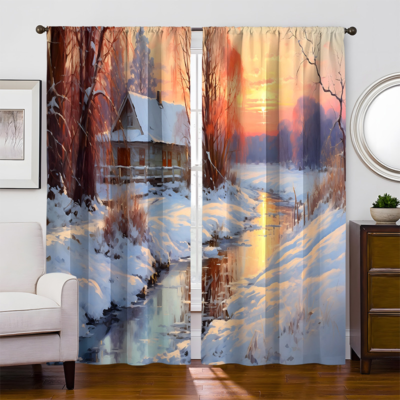 2PCs indoor 3D digital printing Folio curtain factory direct cross-border outdoor dusk landscape fabric curtain window
