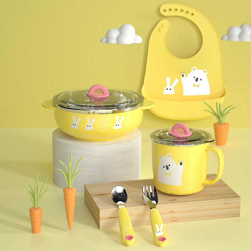 316L de acero inoxidable Los niños vajilla traje suplemento alimenticio bebé lechón tazón taza agua babero tenedor cuchara