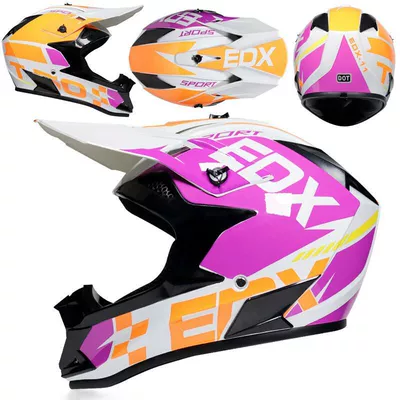 Motosiklet kaskı (dəbilqə): Seasons motocross helmet - bright-white-orange-purple-goggles-gloves-mask-s