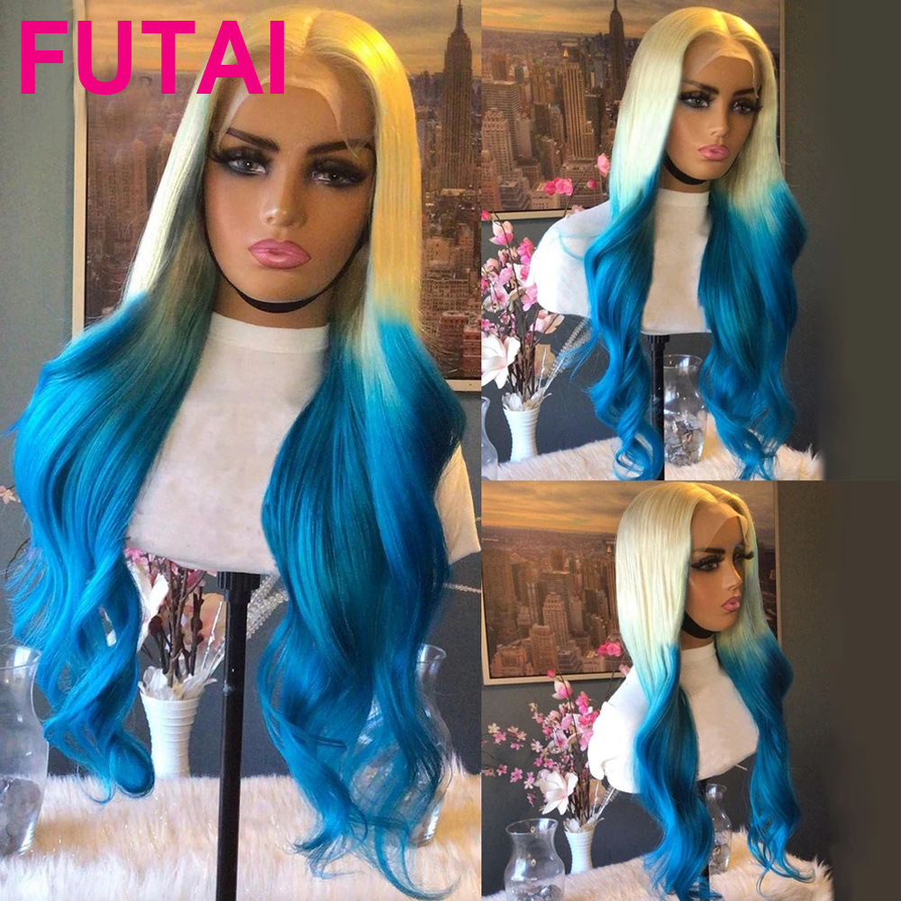 Ombre Blonde Blue Human Hair Lace Fronta...