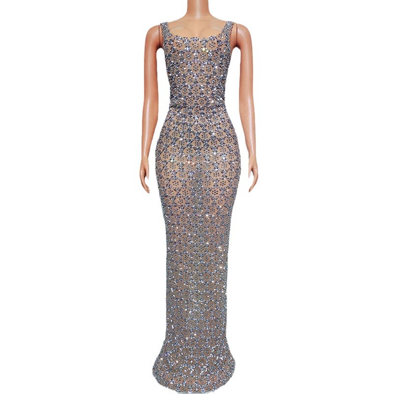 Abito da sera lungo fino ai piedi, impreziosito da cristalli – Elegante abito aderente per matrimoni, gala e spettacoli teatrali._voghion.com