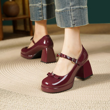 2025年新款法式玛丽珍高跟鞋粗跟订婚鞋防水台蝴蝶结一字带单鞋