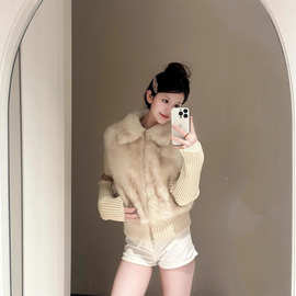 国王兔毛皮毛一体小众复古秋冬新针织拼接兔毛皮草假两件毛毛外套