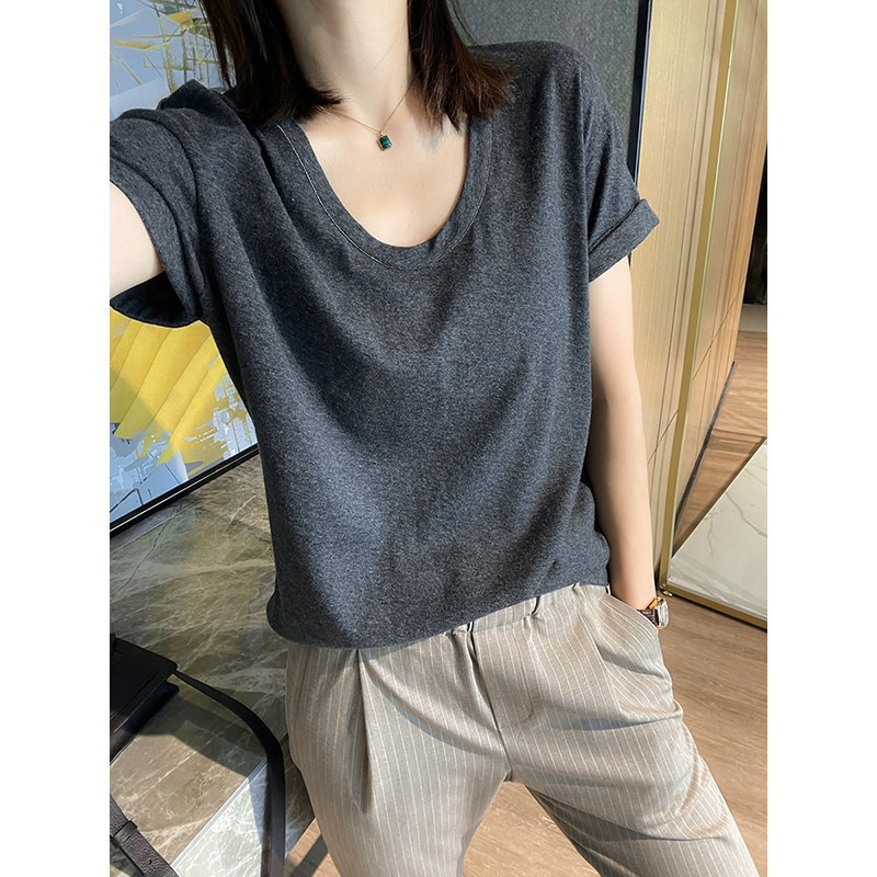 A Face of G-Level Sense, B///C Fabric!! Bead Chain U-Neck Giant Giant Giant Stylish Giant Soft Spring and Summer T-Shirt for Women
