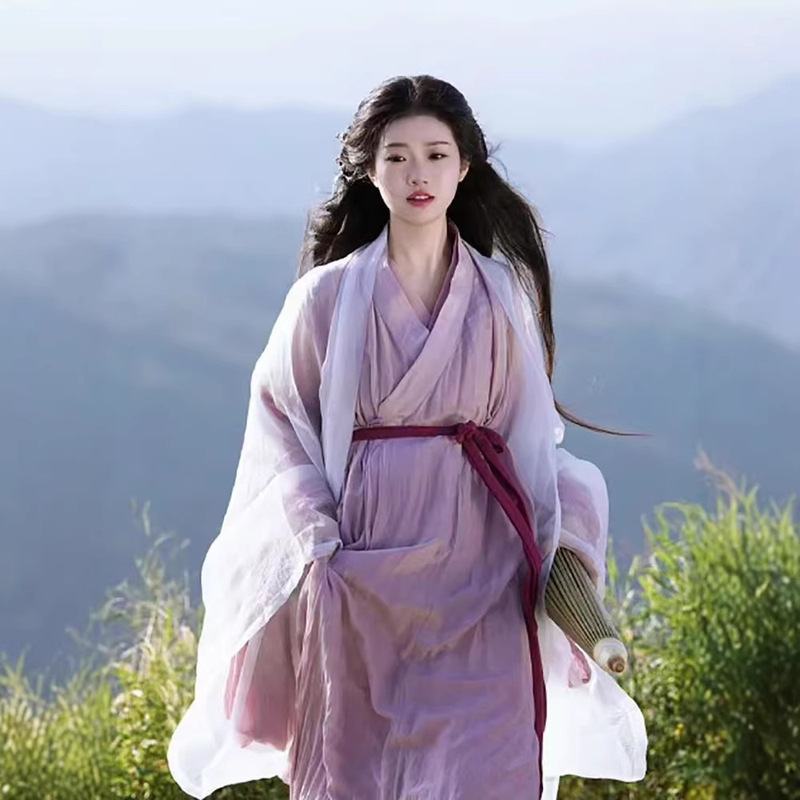 Northern and Southern Dynasties Wei and Jin Style Adult Hanfu for Female Students, Printed Cross-Collar Wide-Sleeve Chinese Style Eight-Panel Skirt, Traditional Daily Wear