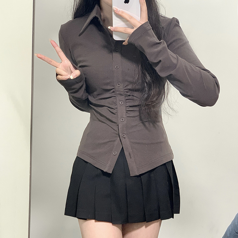 Pure Desire Style jk Tight Waist Shirt Women's Sexy Long-sleeved Short-sleeved Grey Shirt Design Sense Spice Girl Slimming Top Spring