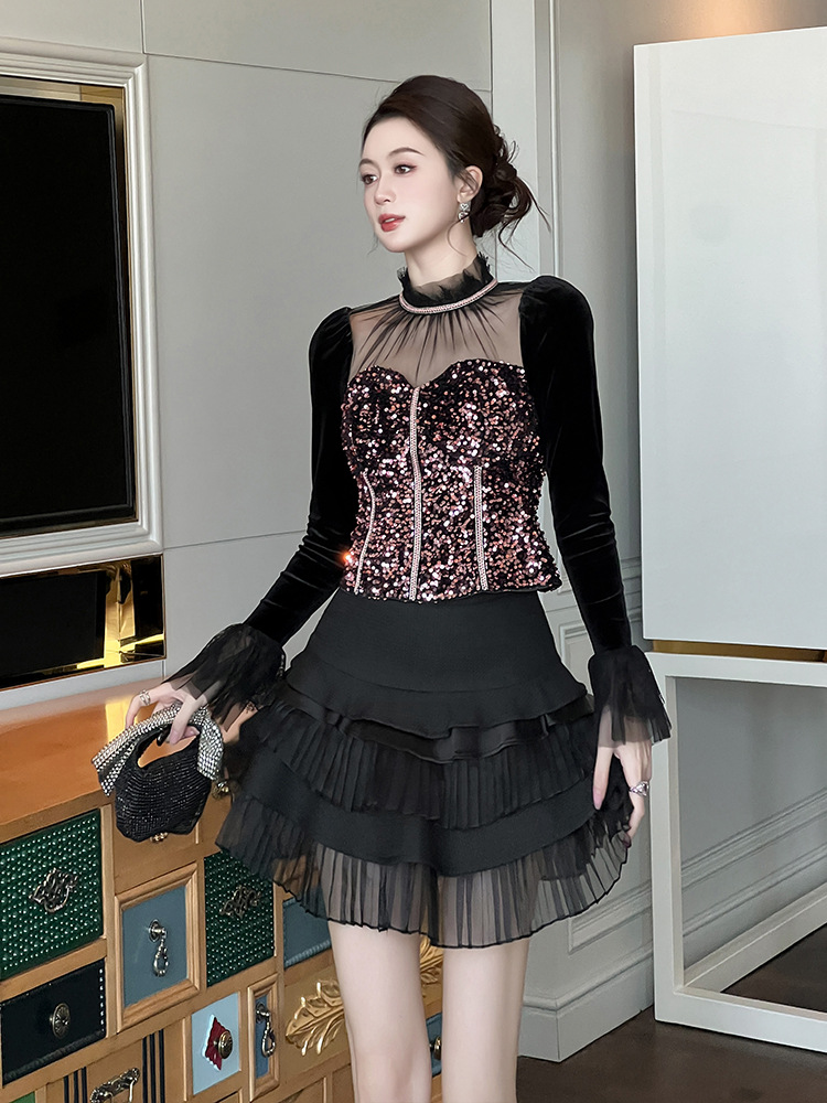 Áo len cổ lọ nữ tay dài đính sequin lưới xuyên thấu dáng ôm — bột màu đen