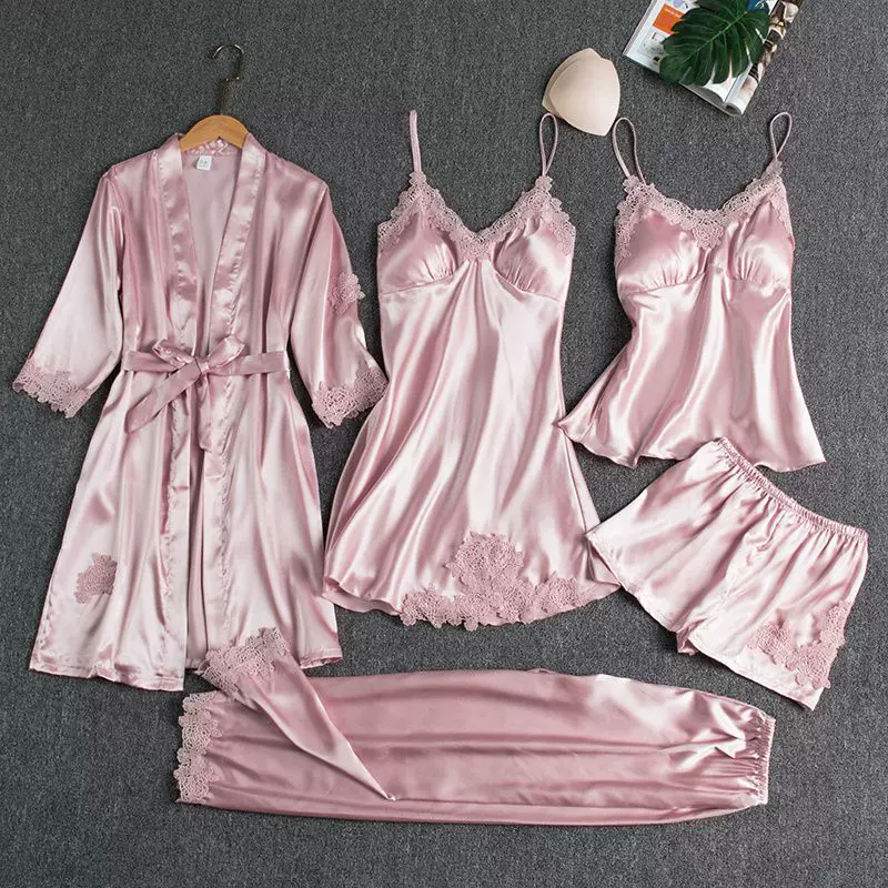 Топ с чашками, осенняя пижама, комплект, сексуальная slip dress, юбка, длинный рукав, халат