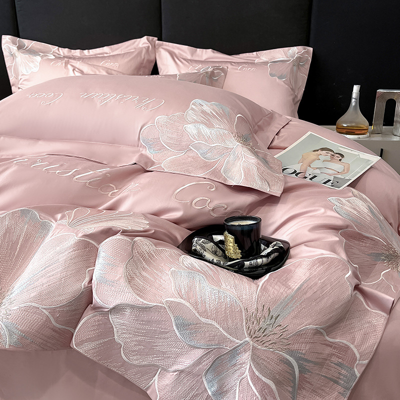 Class A sanding high-end embroidery bed four-piece set skin-friendly cotton light luxury high-end quilt cover bed hat gift group purchase 4