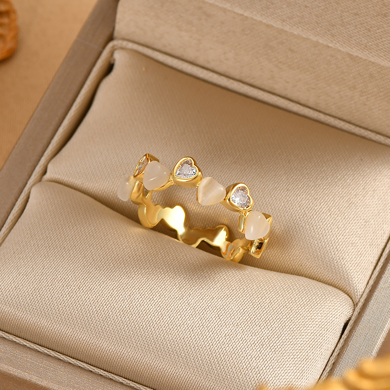 One Size Ring Size Wholesale Jewelry Fashion Heart Shape Copper Cat's Eye Stone Zircon Plating Rings