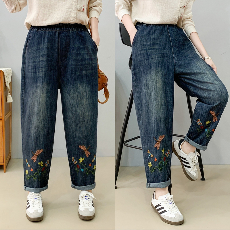 文学レトロ花刺繍ストレッチジーンズ女性の春夏の新しいルーズプラスサイズスリム多用途ハーレムパンツ|undefined