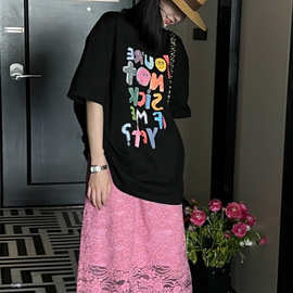 彩色字母大版纯棉T恤女欧洲站春装2025新款欧货女装洋气打底衫潮