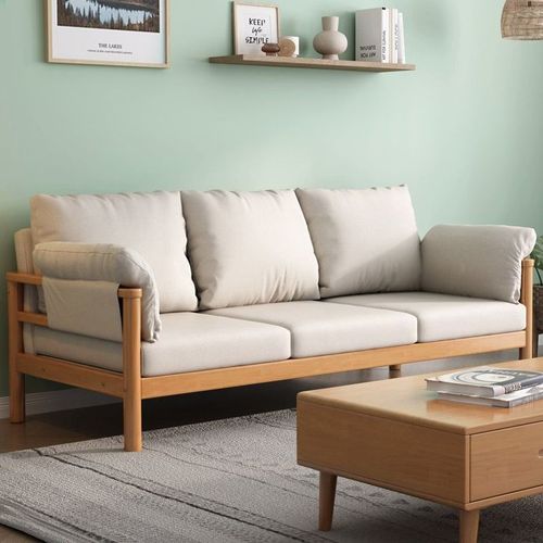 Japanese-style Log & Fabric Sofa for Small Apartments: Simple, Modern, Dual-Use—Perfect for a Family of Three or Nordic-Style Rental Homes with Solid Wood Design
