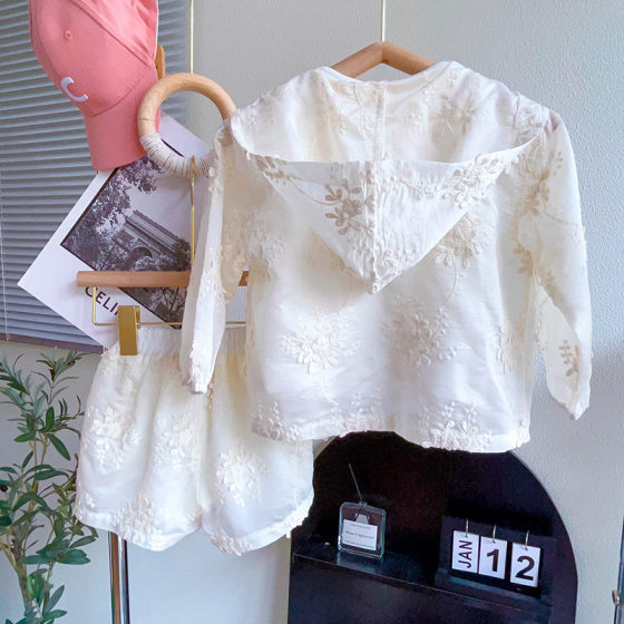 Lace Embroidered Korean Style Hooded Thin Sunscreen Jacket for Girls Summer New Loose Casual Three-piece Set