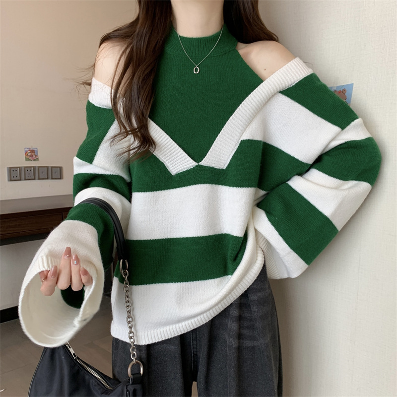 2026 Autumn New Fashion Fake Two-Piece Stylish Halter Neck Off-Shoulder Sweater with Stripes, Chic and Tummy-Covering Knitted Base Layer