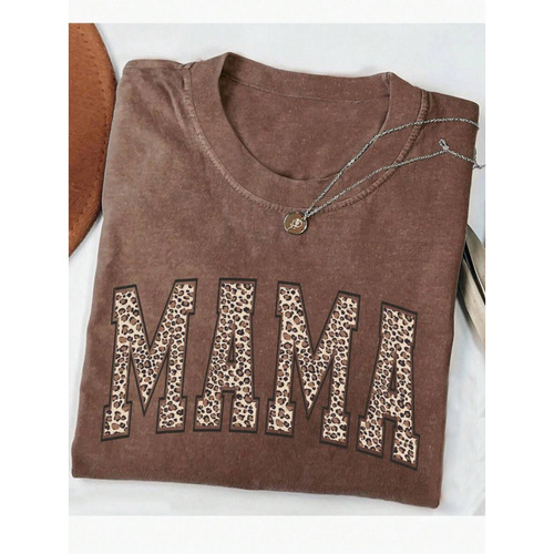 Best-selling vintage-style leopard-print MAMA women's T-shirt—loose-fitting, figure-flattering, niche-style women's short-sleeved top.