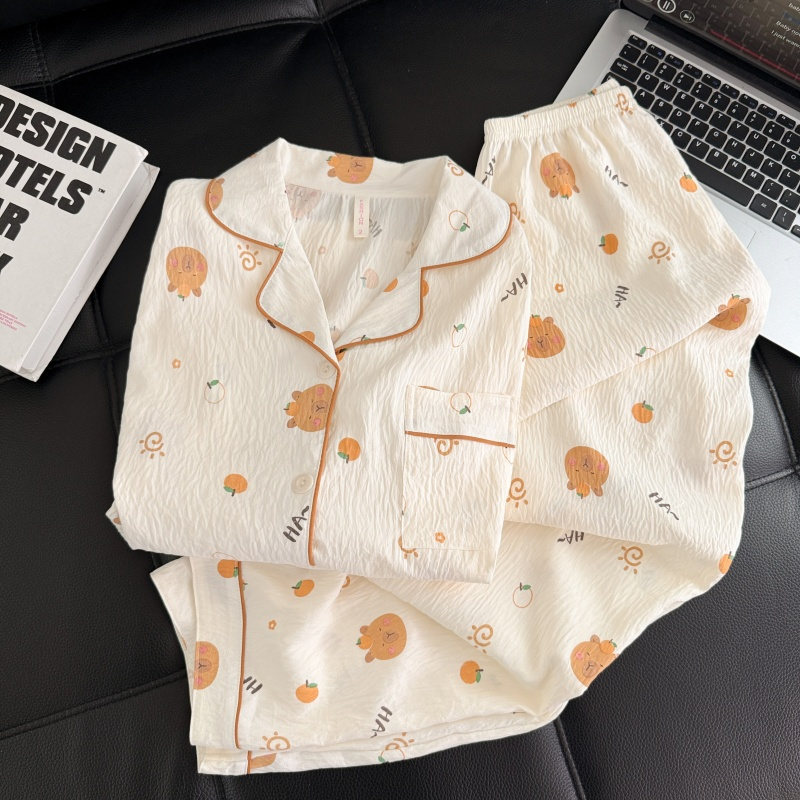 Al por mayor transfronterizo 2026 nuevo pijama de mujer nubes de algodón pantalones de manga larga cardigan con solapa de dibujos animados ropa para el hogar se puede usar fuera
