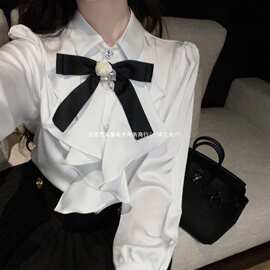 2026春秋季白色缎面衬衫女蝴蝶结法式甜美别致上衣宫廷漂亮小衫潮