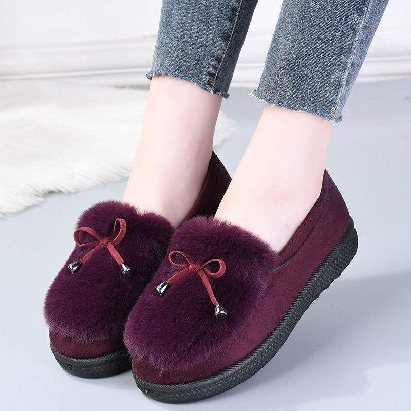 New Furry Shoes, Autumn and Winter Flats Bean Shoes, Women's Warm Cotton Shoes, Korean Style Velvet Casual Work Shoes, Maternity Shoes