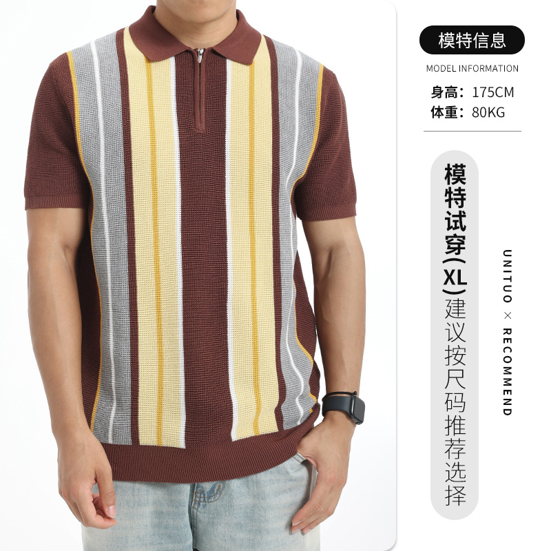 Europa y los Estados Unidos transfronterizos hombres hielo tejido polo camiseta comercial solapa rayas de manga corta polo camiseta polo al por mayor