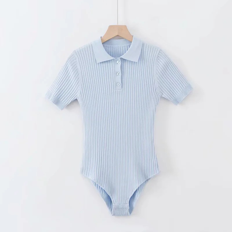 Tight Polo Collar Elastic Knitted Pit Strip Short-Sleeved Jumpsuit NSZQW115375