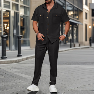 2025 Cross-border Men's European and American Independent Station Summer New Solid Color Button Pocket Shirt Short-sleeved Pants Two-piece Set