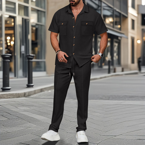 2025 Men's Western Independent Station Summer Solid Color Button Pocket Shirt Short Sleeve Pants Two-Piece Set
