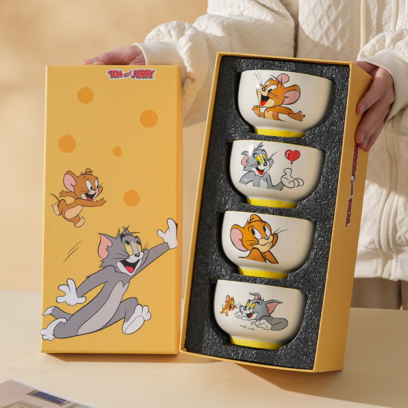 Gatos y ratones auténticos autorizados set de cubiertos de cerámica encantador patrón de dibujos animados tazón de arroz caja de regalo casera tazón de porcelana