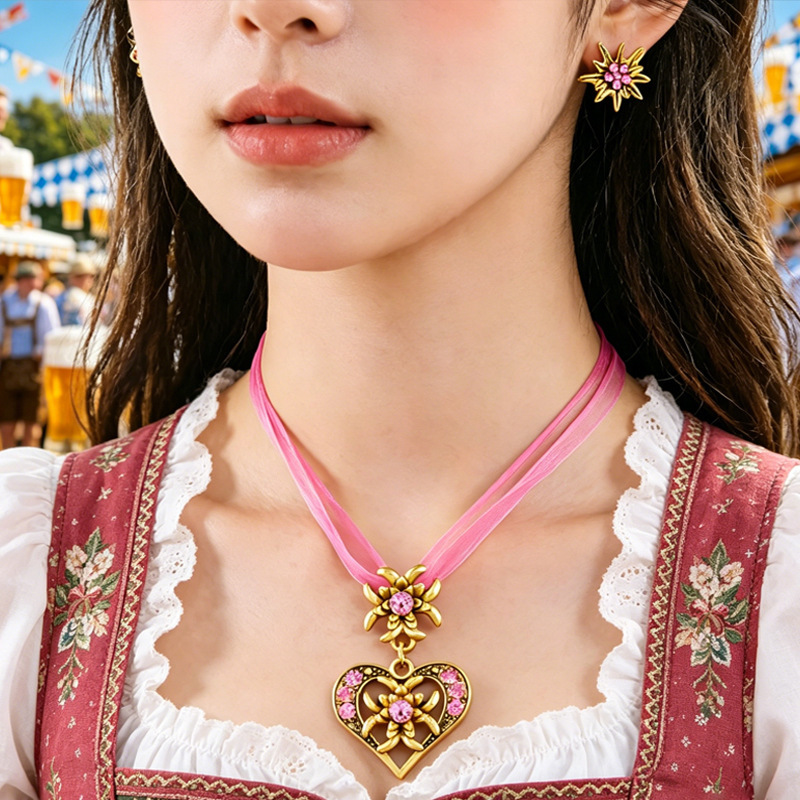 Cross-Border Oktoberfest Necklace Edelweiss Heart-Shaped Diamond-Encrusted Set, Light Luxury and High-End Feel, German Festival Party Accessories Trend