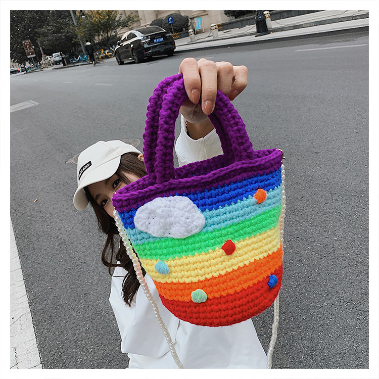 Women's Medium Plush Rainbow Stripe Cute Beading Weave Bucket Open Crossbody Bag display picture 15