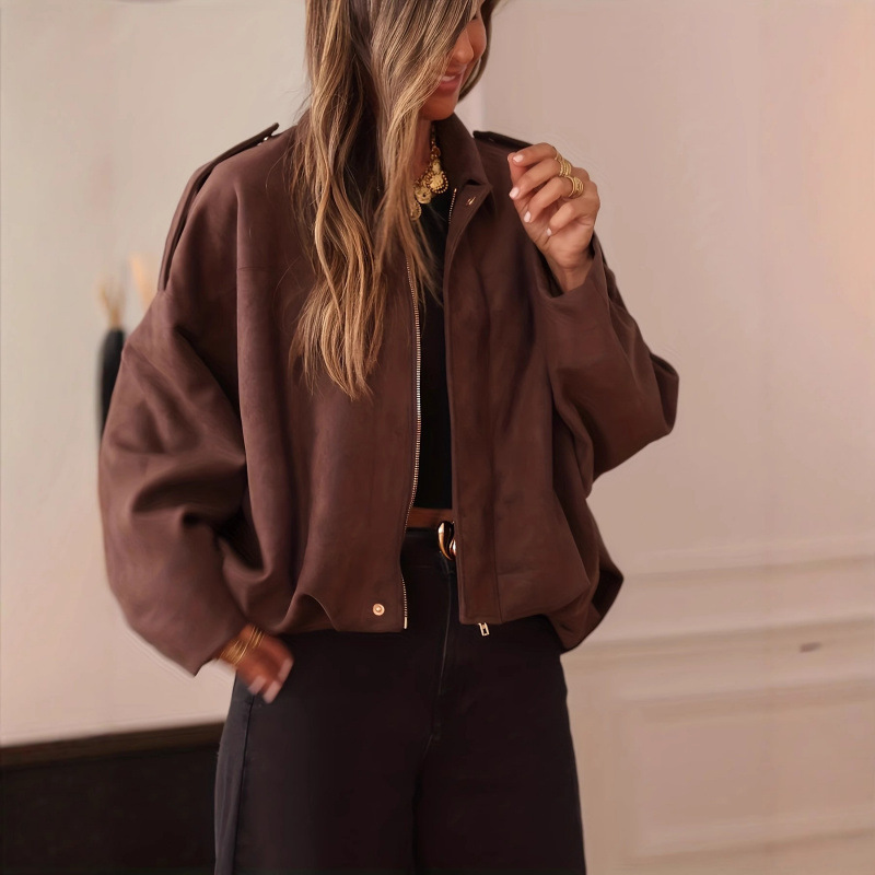 Cross-Border Amazon Women's Fashion Hot-Selling Retro Zipper Suede Jacket for Women, Elegant Long-Sleeved Lapel Loose Jacket for Women