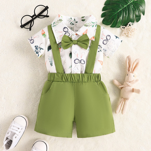 2024 Easter Infant Boys Gentleman Suit Cartoon Rabbit Print Short Sleeve Lapel Harness Overalls Suit