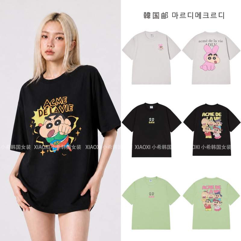 [Authentic Delivery] Korean Trendy Brand Adlv Crayon Shin-Chan Collaboration Printed Short-Sleeve Pure Cotton Loose T-Shirt for Women