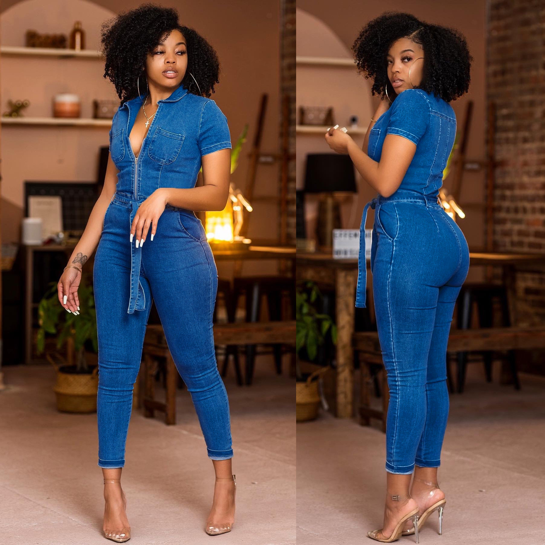 6930 Style Wish Women's Clothing Internet Celebrity Sexy Fashion Denim  Jumpsuit In Stock