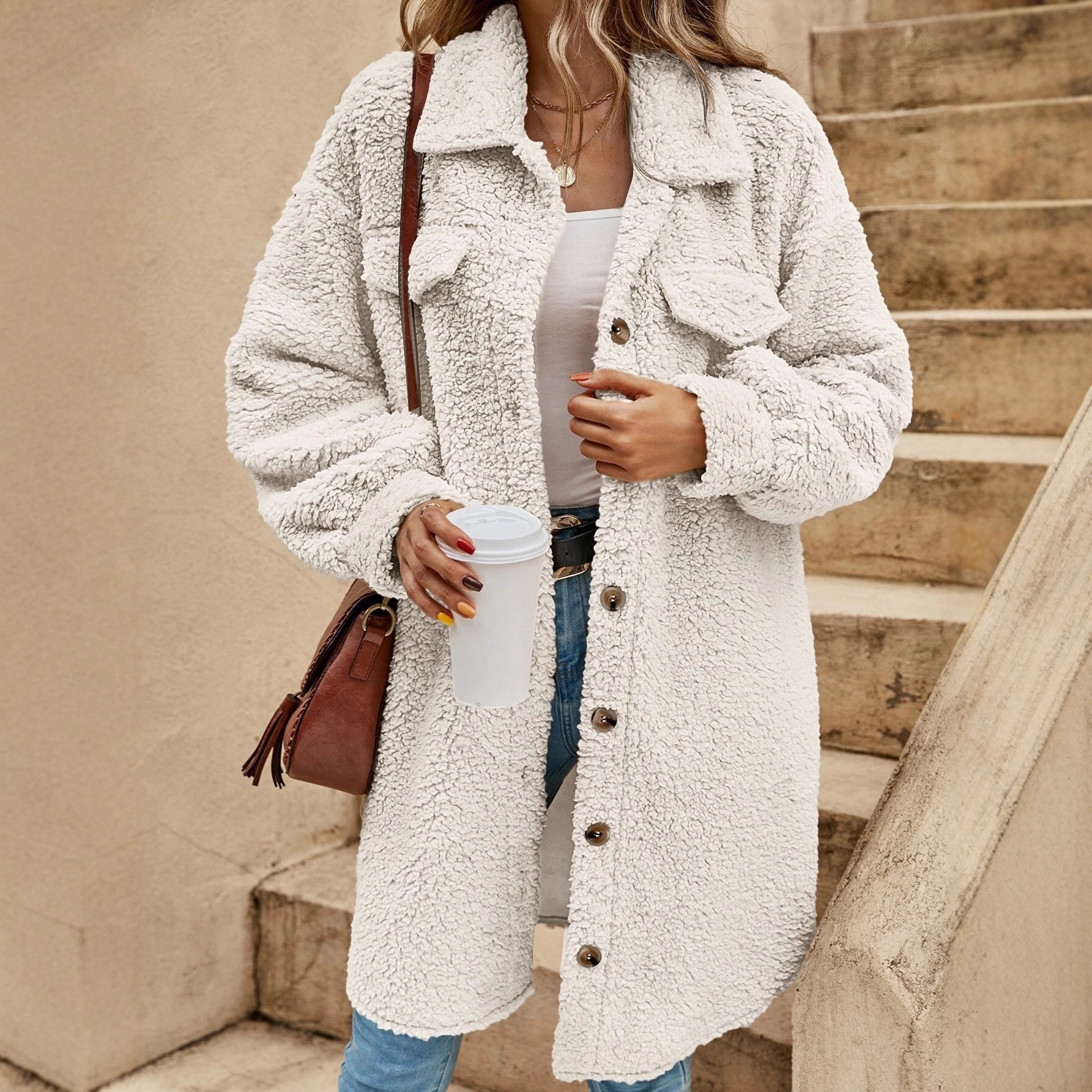 Winter Open-Button Lapel Plush Jacket Loose Temperament Long Coat For Women_ecoleips.com