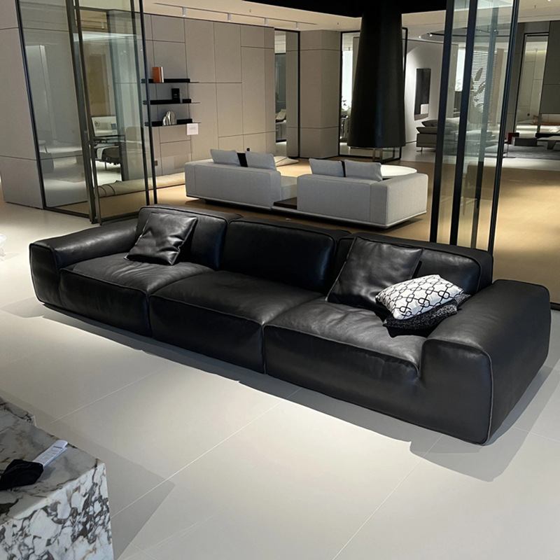 2025 New Model Large Black Cowhide Sofa Genuine Leather Top Layer Italian Minimalist Four-Seater Straight-Line Sofa Design