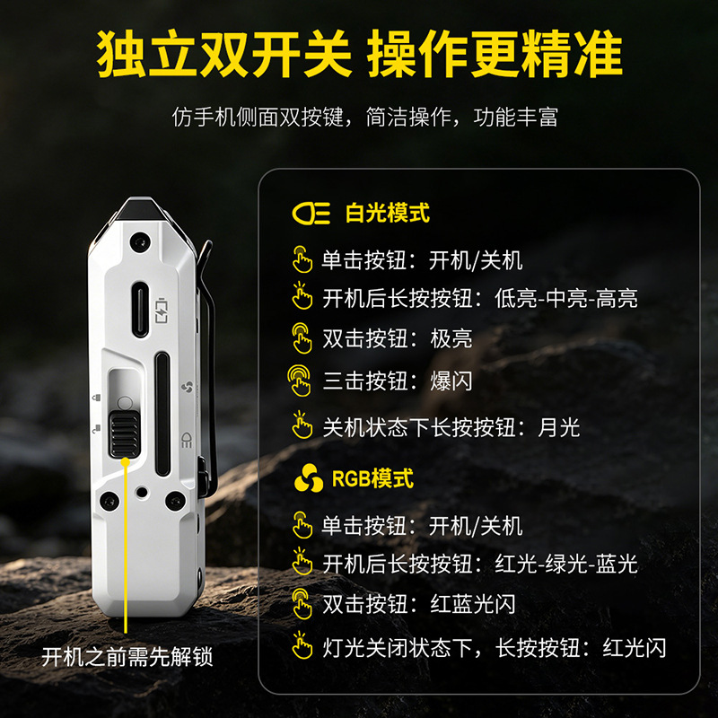 R7 Multifunctional Portable Keychain Flashlight 180 ° Rotating lamp head RGB three-color light source cap clip light flashlight