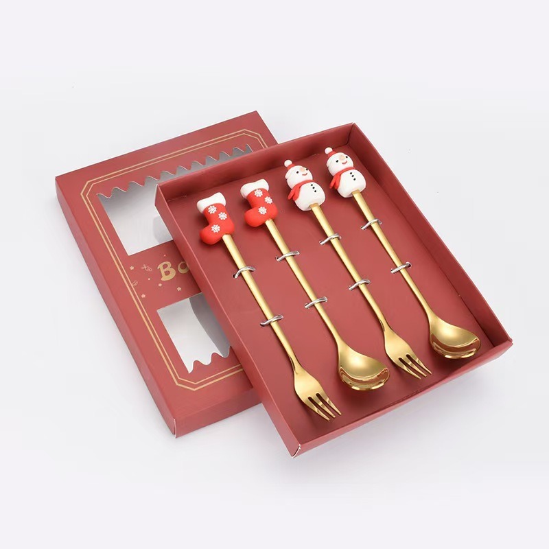 Cucharas de acero inoxidable transfronterizas muñecas de Papá Noel cubiertos cajas de regalo caseras de café mezclador cucharas de postre horquilla de frutas