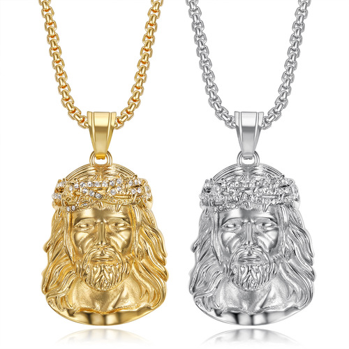 European and American style new hip-hop Hiphop religious necklace, titanium steel gold-plated diamond-studded Jesus pendant