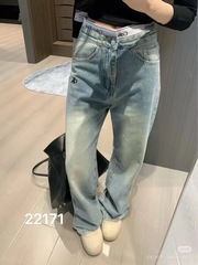 25新款高腰美式字母刺绣渐变色破洞复古牛仔裤宽松显瘦拖地直筒裤