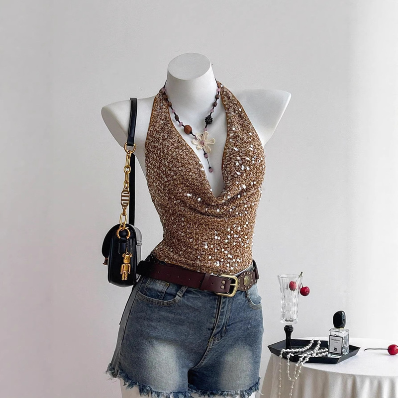 In-Stock Cross-Border Women's Fashion European and American New Style Spicy Girl Sequin Halter Top Pure Desire Ruched Top for Women 250805