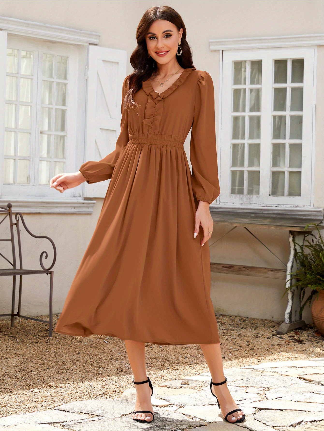 Elegant Light Blue Midi Dress for Women V Neck with Ruffle