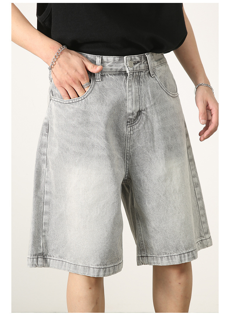 Men's Summer Retro Distressed Blue Denim Shorts Loose Straight Versatile Hot Pants Trendy American Style_mkmklike.com